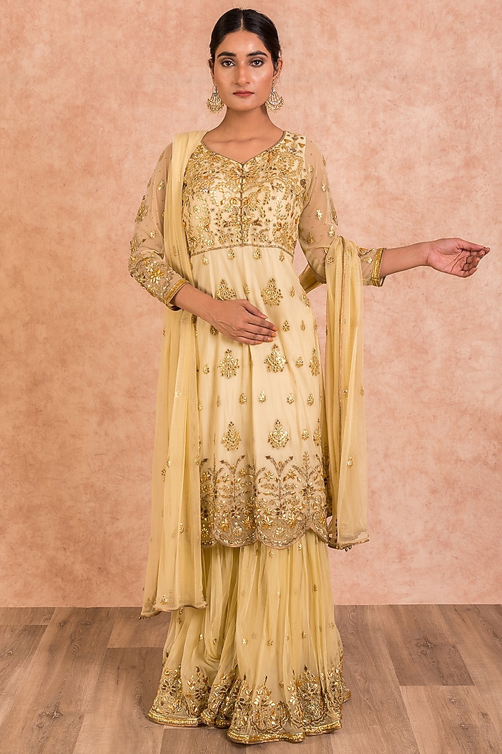 Champagne Gold Hand Embroidered Sharara Set by SWATI UBROI