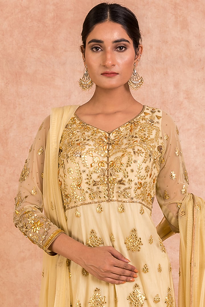 Champagne Gold Hand Embroidered Bridal Sharara Set by SWATI UBROI at Pernia's Pop Up Shop