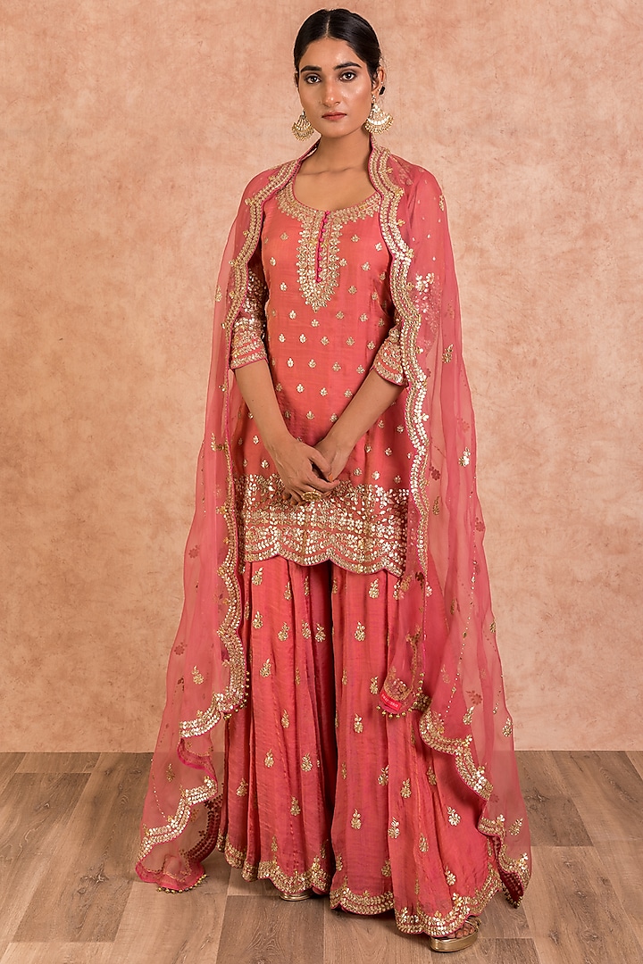 Rose Pink Georgette Sequins & Gota Hand Embroidered Gharara Set by SWATI UBROI