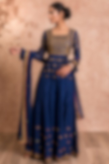 Dark Blue Silk Doria Gota Hand Embroidered Gharara Set by SWATI UBROI at Pernia's Pop Up Shop