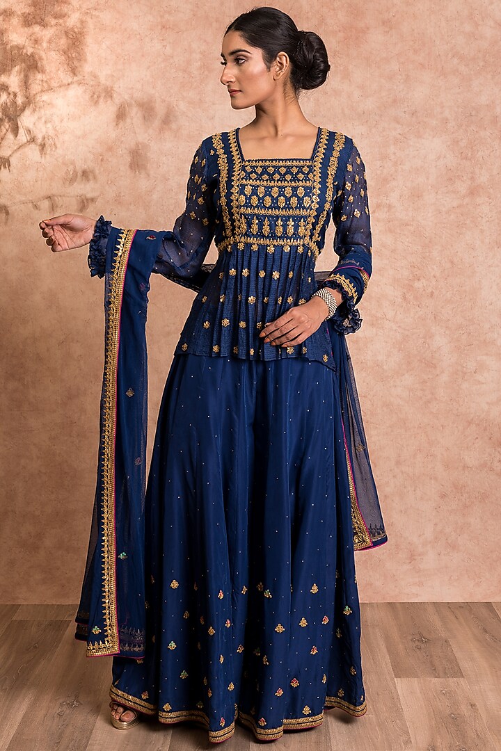 Dark Blue Silk Doria Gota Hand Embroidered Gharara Set by SWATI UBROI