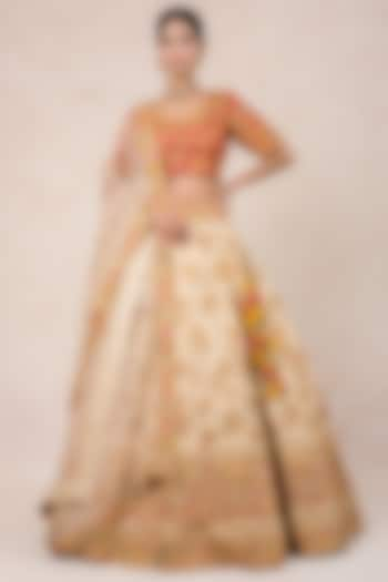 Ecru Gold Silk Hand Embroidered Bridal Lehenga Set by SWATI UBROI at Pernia's Pop Up Shop