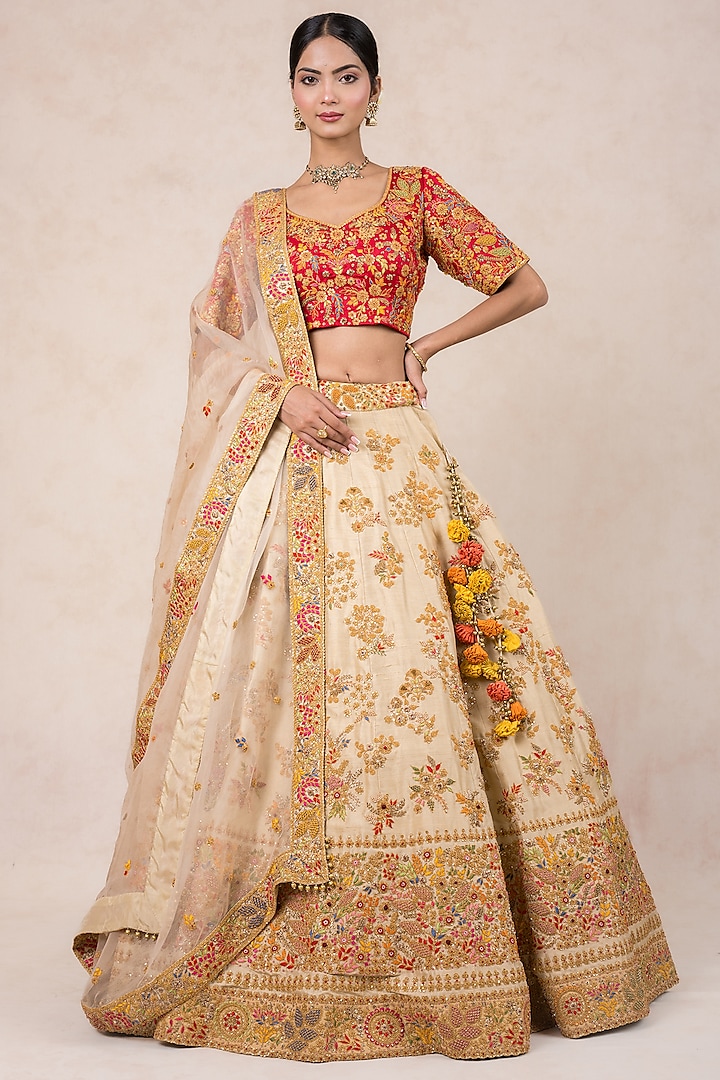 Ecru Gold Silk Hand Embroidered Bridal Lehenga Set by SWATI UBROI at Pernia's Pop Up Shop