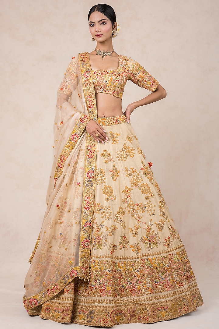 Ecru Gold Silk Hand Embroidered Bridal Lehenga Set by SWATI UBROI at Pernia's Pop Up Shop