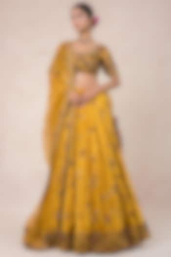 Ochre Yellow Velvet Hand Embroidered Bridal Lehenga Set by SWATI UBROI at Pernia's Pop Up Shop