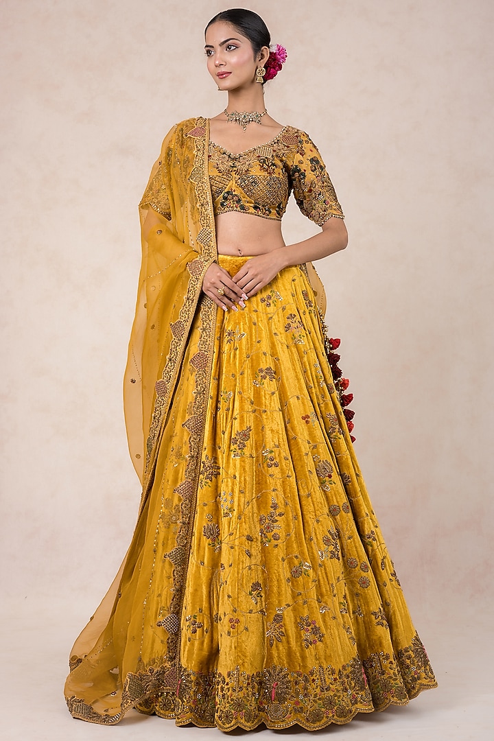 Ochre Yellow Velvet Hand Embroidered Bridal Lehenga Set by SWATI UBROI at Pernia's Pop Up Shop