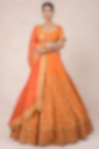 Orange Silk Hand Embroidered Bridal Lehenga Set by SWATI UBROI at Pernia's Pop Up Shop