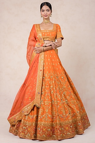 Orange Silk Hand Embroidered Lehenga Set by SWATI UBROI
