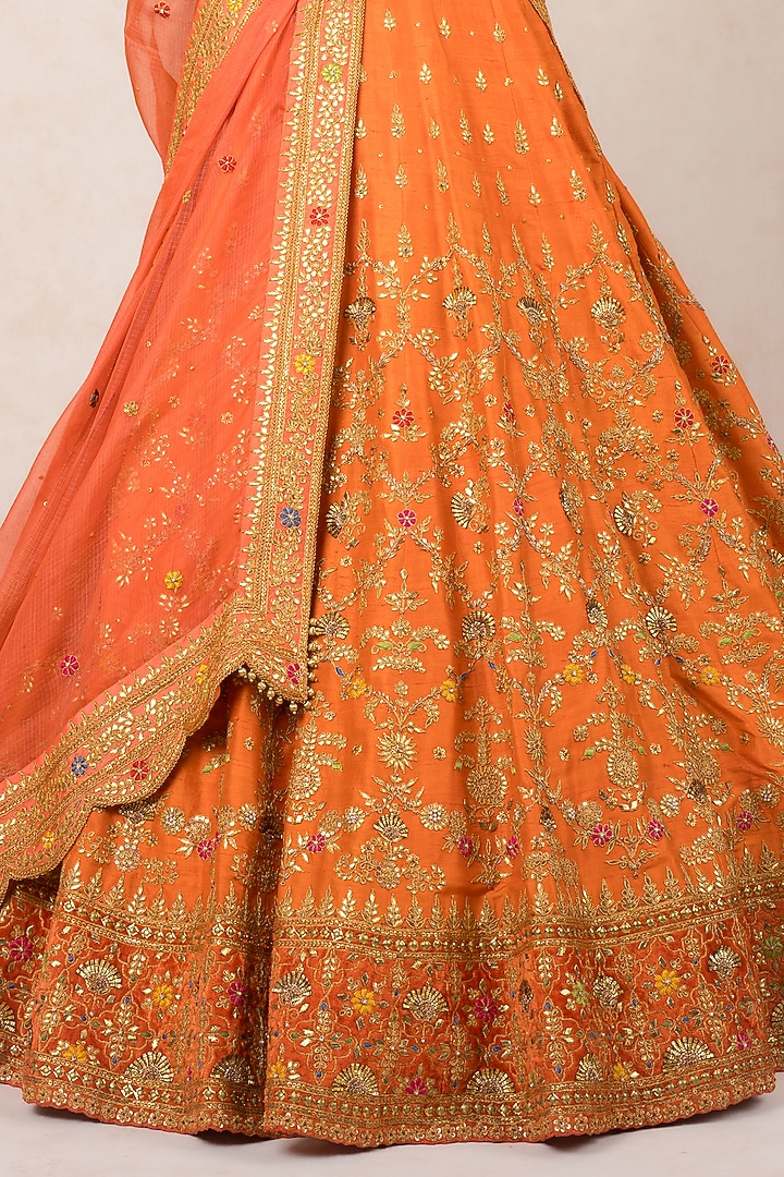 Orange Silk Hand Embroidered Bridal Lehenga Set by SWATI UBROI at Pernia's Pop Up Shop
