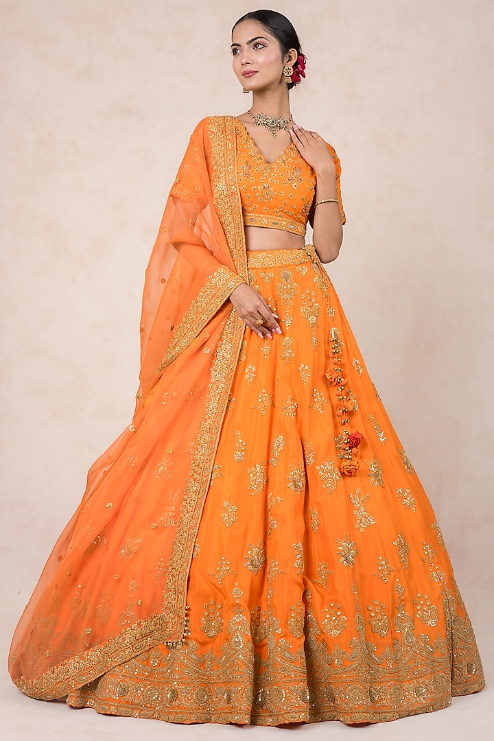 Orange Silk Hand Embroidered Bridal Lehenga Set by SWATI UBROI at Pernia's Pop Up Shop