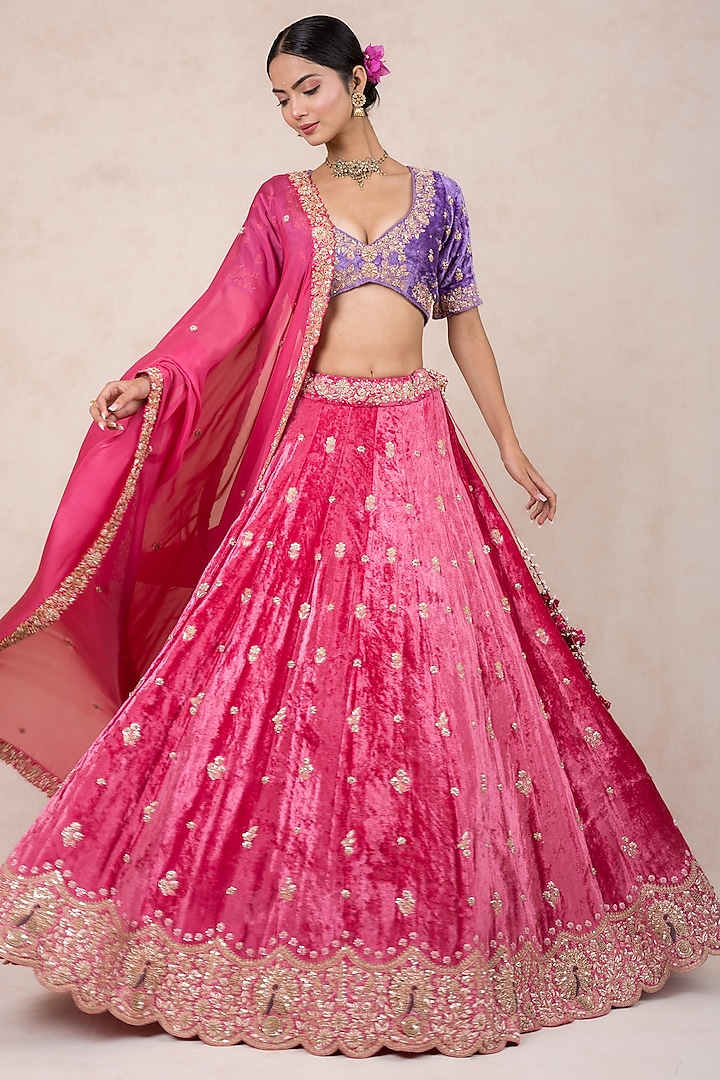 Pink Velvet Hand Embroidered Bridal Lehenga Set by SWATI UBROI at Pernia's Pop Up Shop