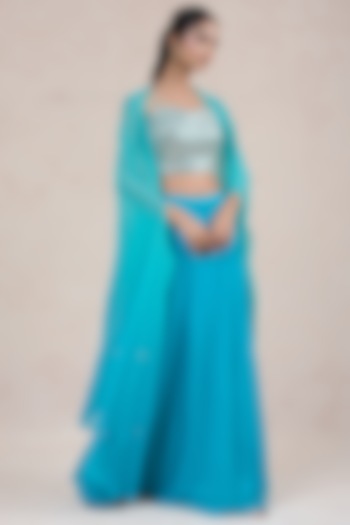 Turquoise Georgette Jacket Wedding Lehenga Set by SWATI UBROI at Pernia's Pop Up Shop