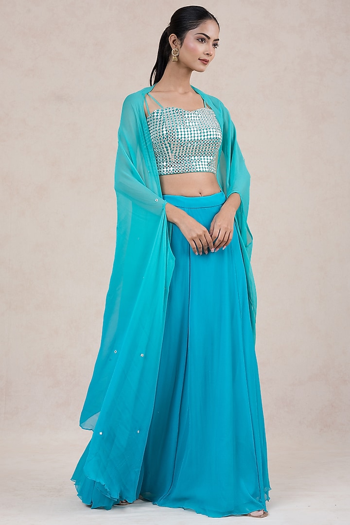 Turquoise Georgette Jacket Wedding Lehenga Set by SWATI UBROI at Pernia's Pop Up Shop