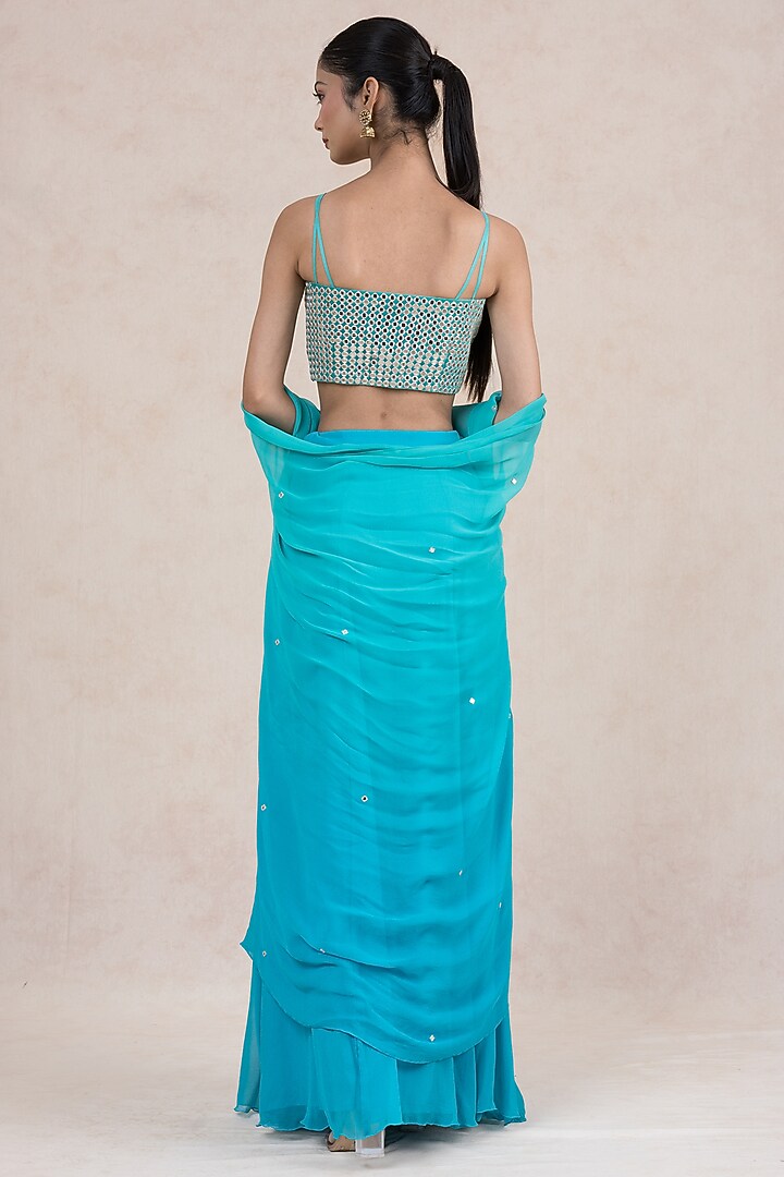 Turquoise Georgette Jacket Wedding Lehenga Set by SWATI UBROI at