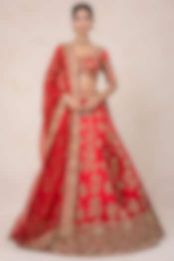 Red Silk Hand Embroidered Bridal Lehenga Set by SWATI UBROI at Pernia's Pop Up Shop