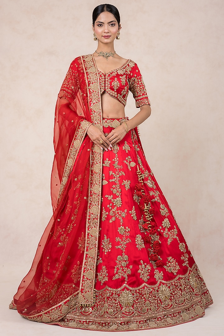 Red Silk Hand Embroidered Bridal Lehenga Set by SWATI UBROI at Pernia's Pop Up Shop