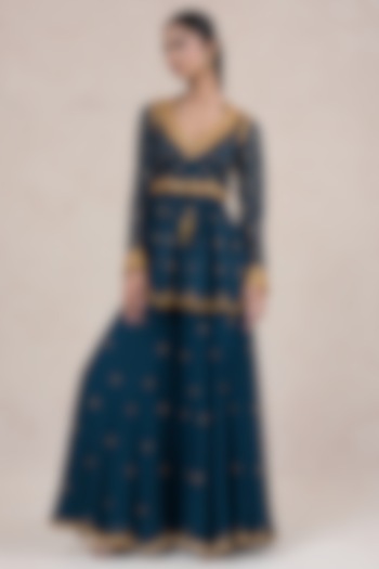 Midnight Blue Georgette Sharara Set by SWATI UBROI at Pernia's Pop Up Shop