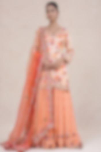 Peach-Coral Georgette Sharara Set by SWATI UBROI at Pernia's Pop Up Shop