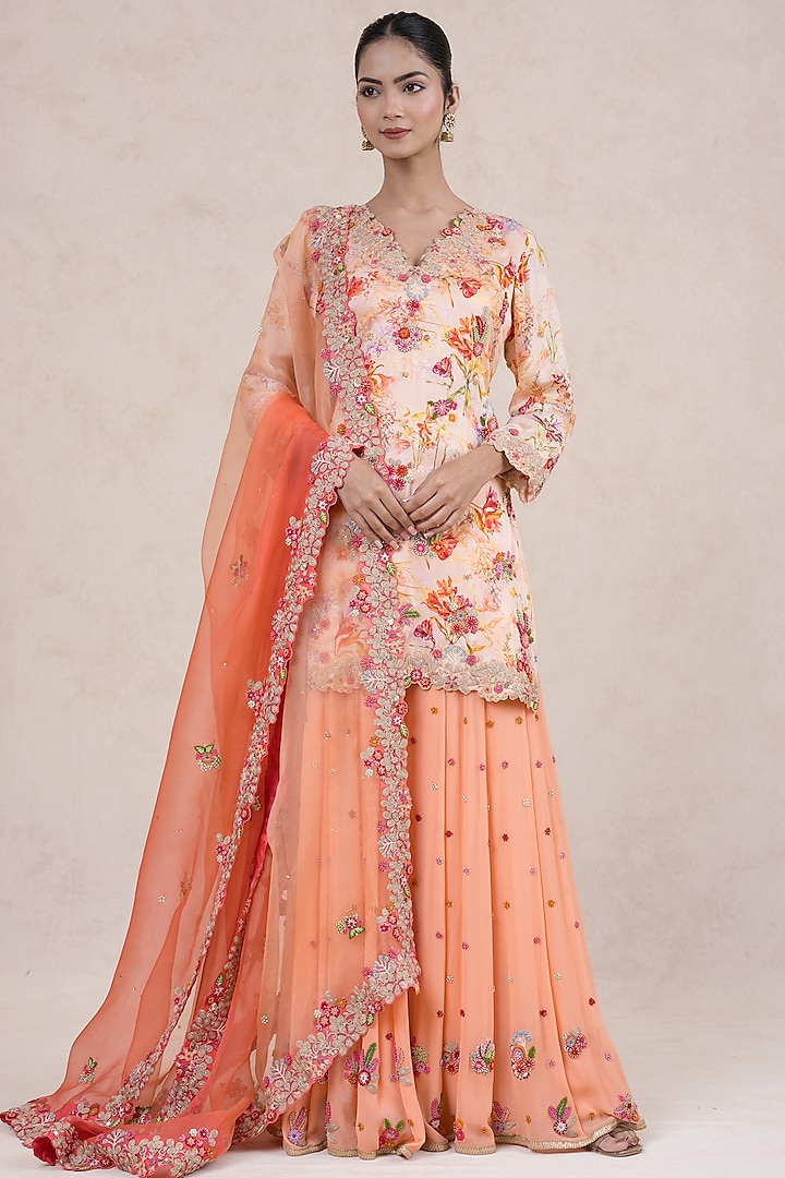 Peach-Coral Georgette Sharara Set by SWATI UBROI at Pernia's Pop Up Shop