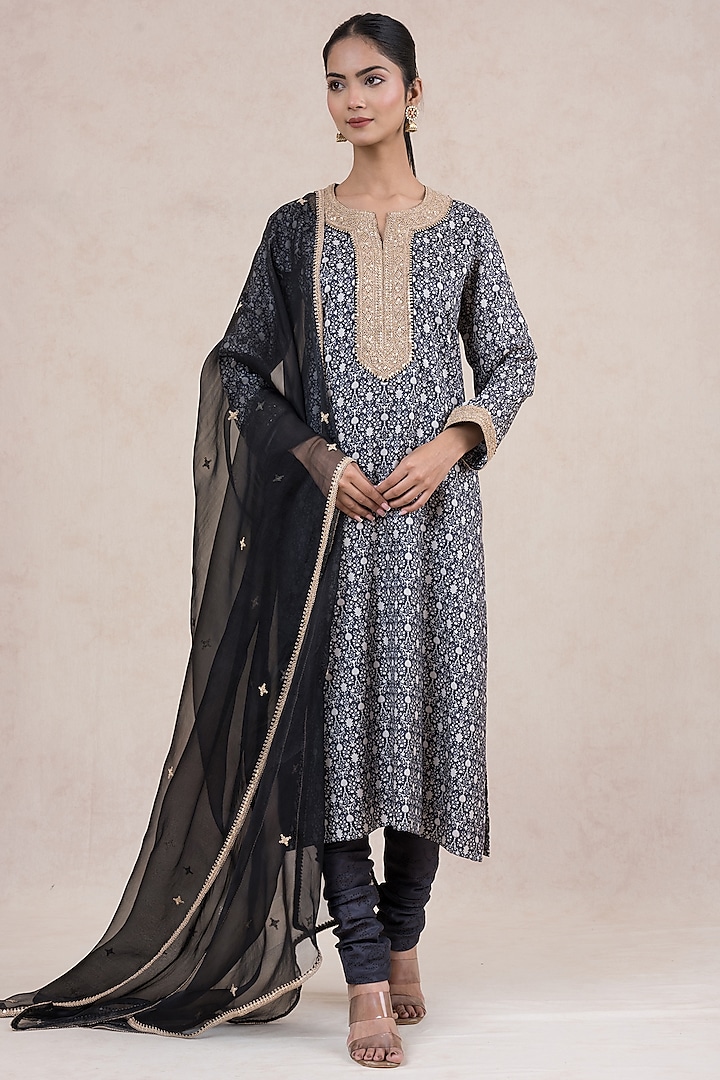 Black Silk Embroidered & Printed Kurta Set by SWATI UBROI at Pernia's Pop Up Shop