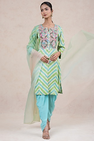 Ivory Silk Embroidered Leheriya Kurta Set by SWATI UBROI