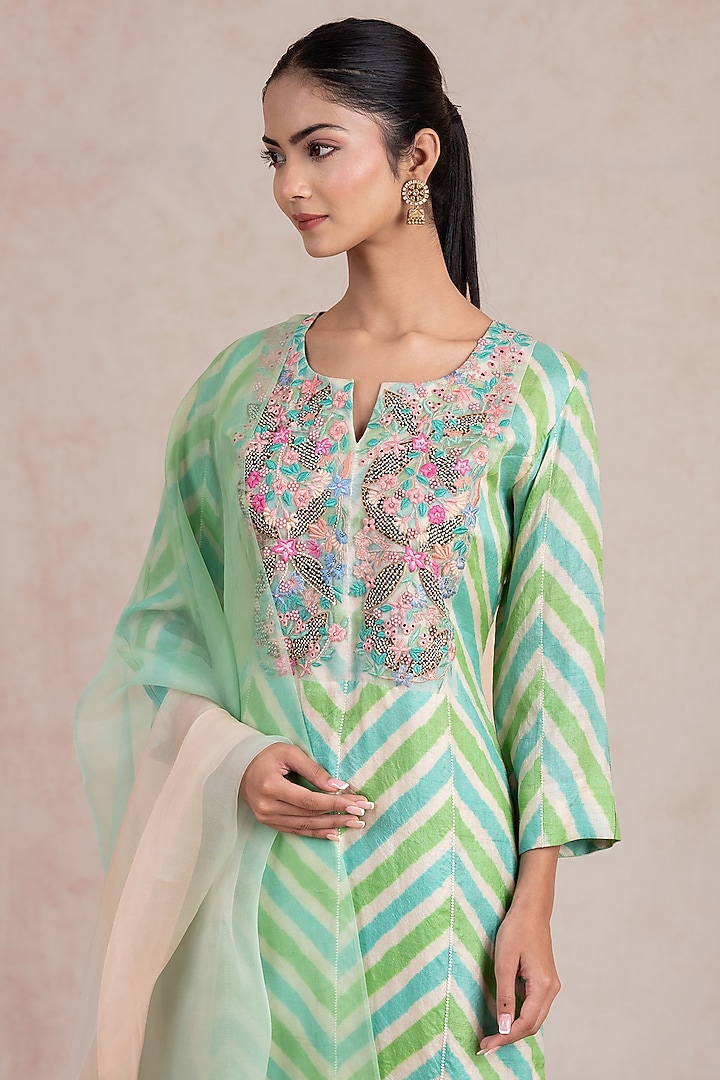 Ivory Silk Embroidered Leheriya Kurta Set by SWATI UBROI at Pernia's Pop Up Shop
