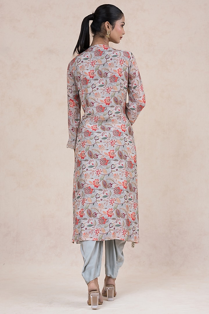Powder Grey & Light Peach Silk Hand Embroidered Kurta Set by SWATI UBROI at Pernia's Pop Up Shop