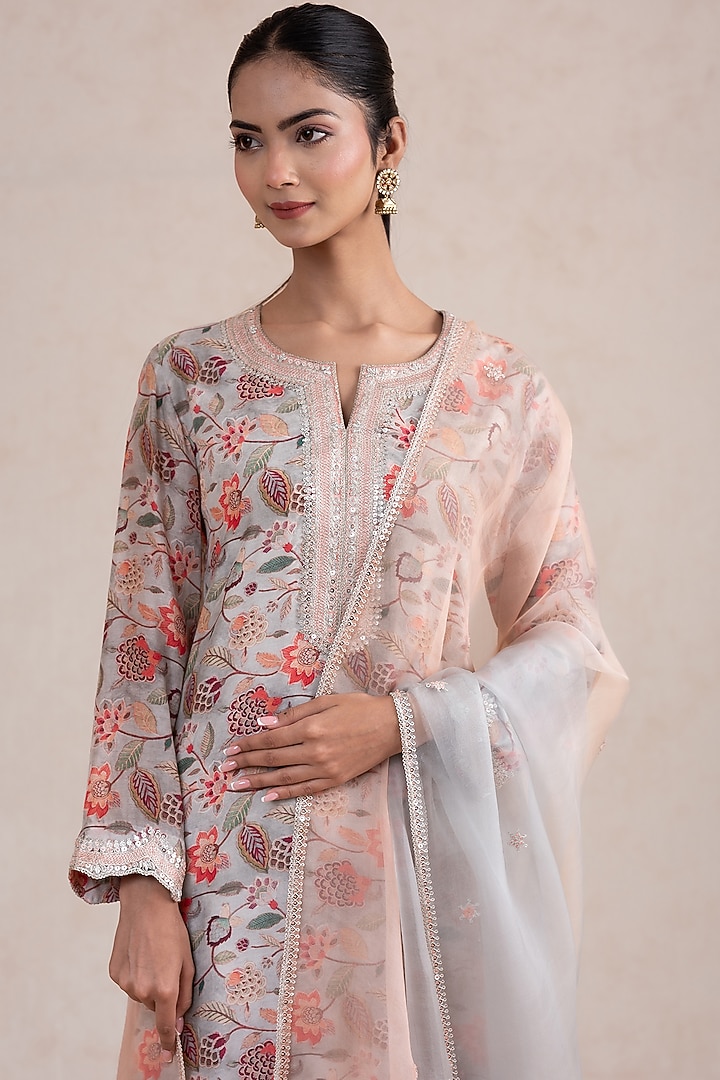 Powder Grey & Light Peach Silk Hand Embroidered Kurta Set by SWATI UBROI at Pernia's Pop Up Shop