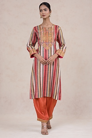 Multi-Colored Silk Cord Embroidered & Printed Kurta Set by SWATI UBROI