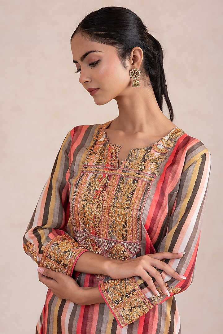 Multi-Colored Silk Cord Embroidered & Printed Kurta Set by SWATI UBROI at Pernia's Pop Up Shop