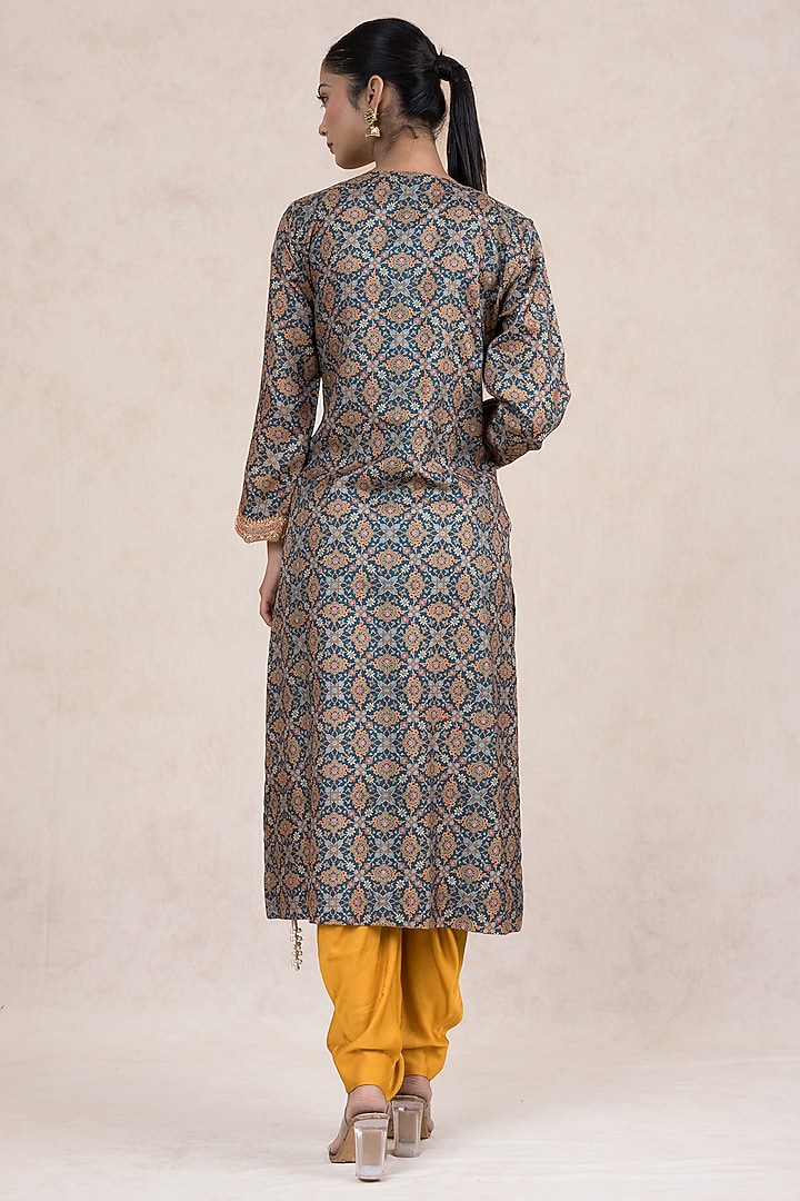 Teal Silk Printed & Hand Embroidered Kurta Set by SWATI UBROI at Pernia's Pop Up Shop