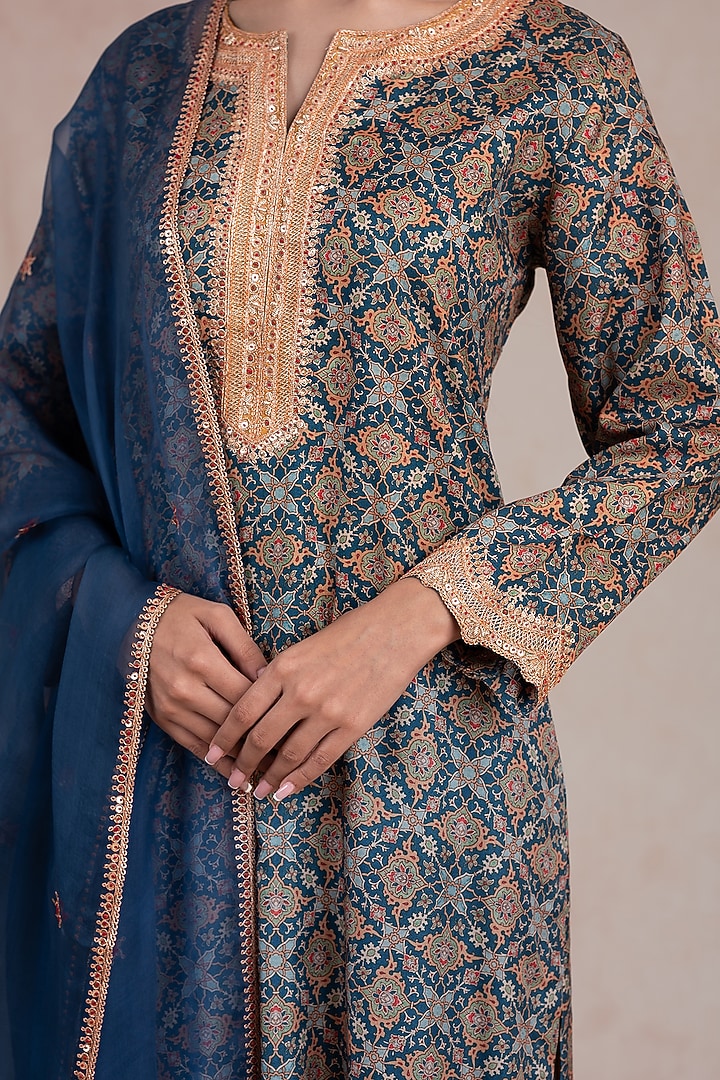 Teal Silk Printed & Hand Embroidered Kurta Set by SWATI UBROI at Pernia's Pop Up Shop