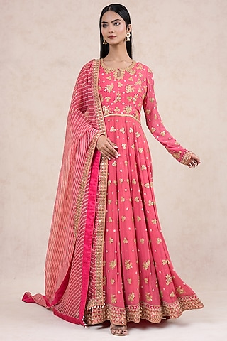 Pink Georgette Gota patti Embroidered Anarkali Set by SWATI UBROI