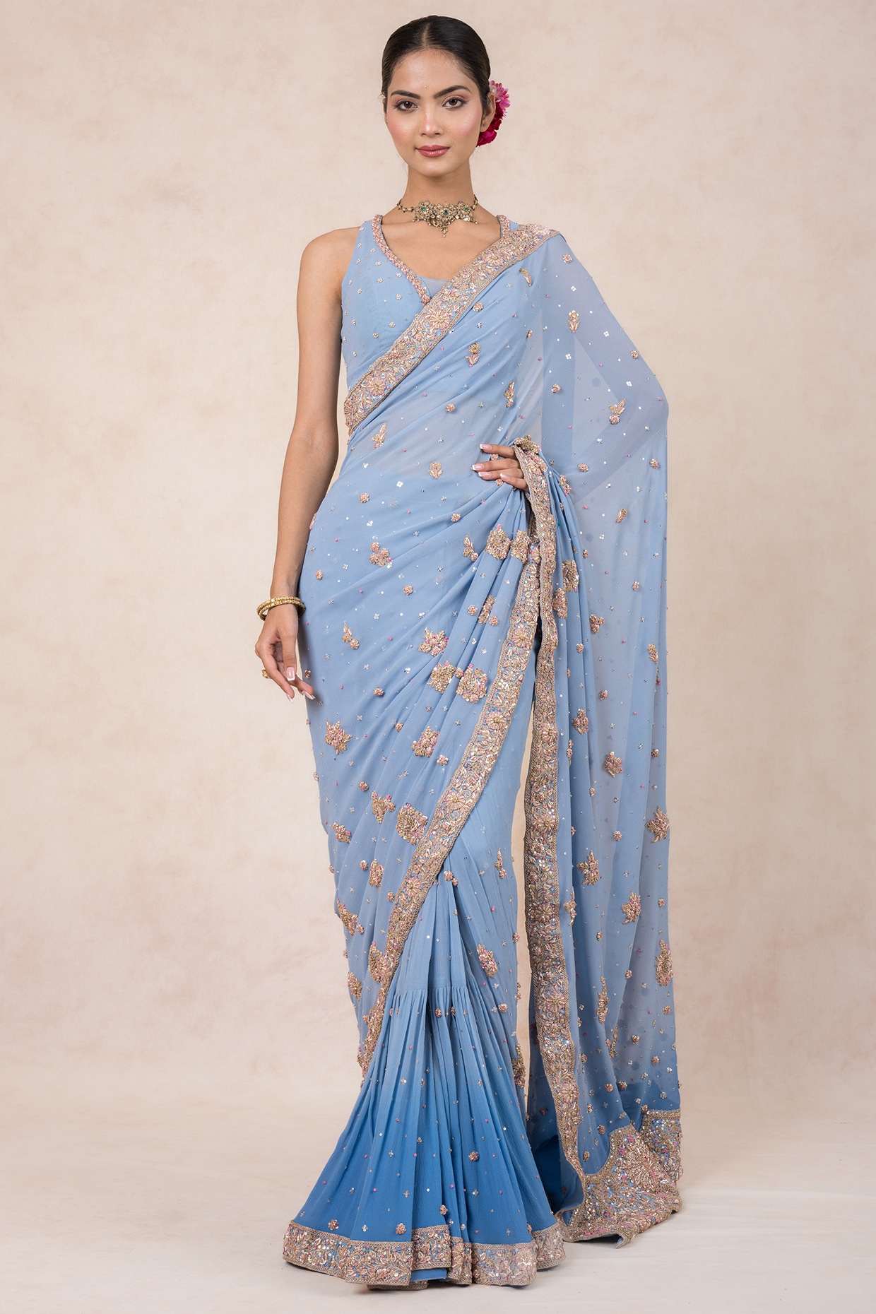 Embroidered Shimmer Georgette Saree in Teal Blue : SFVA3496