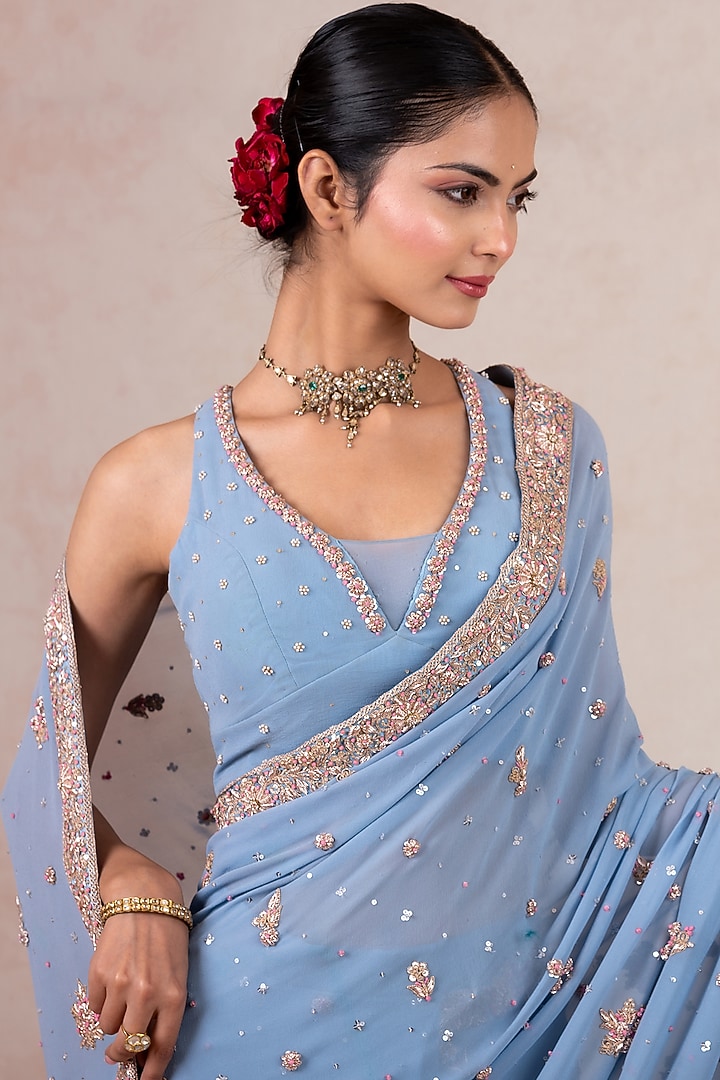 Blue Georgette Zardosi & Thread Embroidered Pre-Draped Bridal Saree Set by SWATI UBROI at Pernia's Pop Up Shop