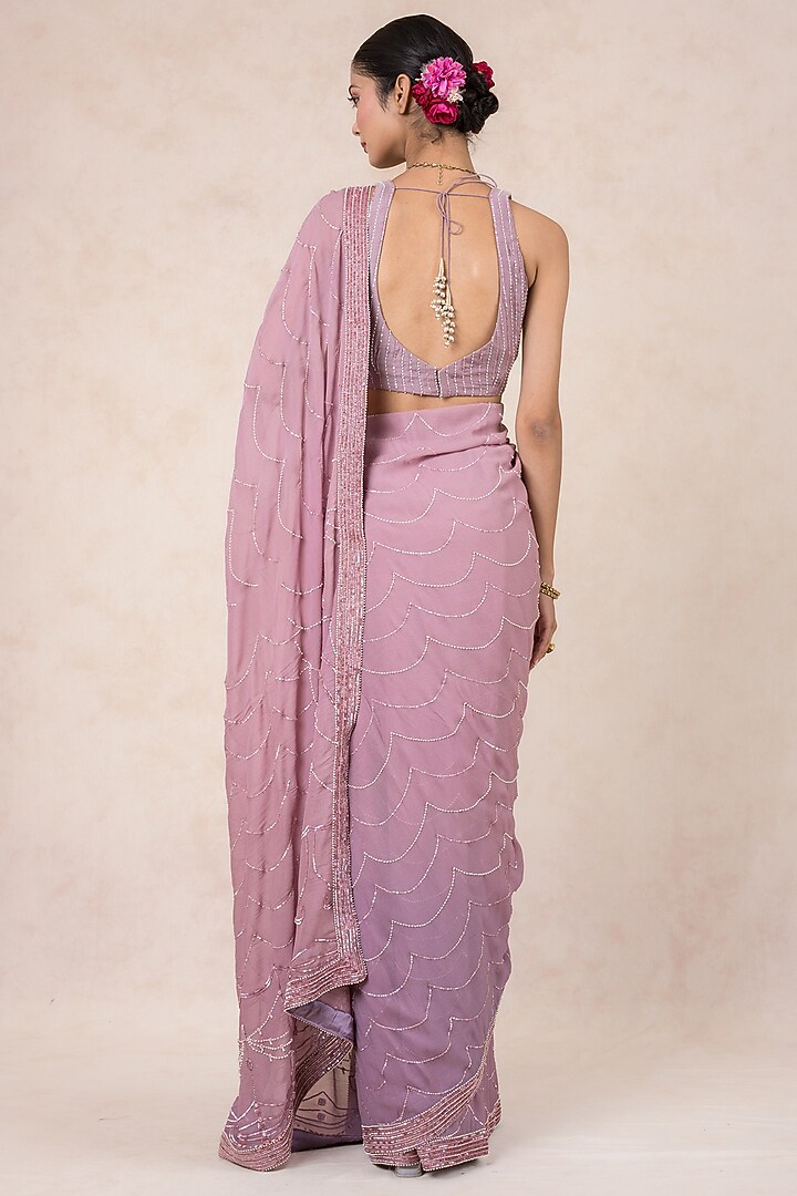 Lavender Ombre Chiffon Sequins & Pearl Embroidered Wedding Saree Set by SWATI UBROI at Pernia's Pop Up Shop
