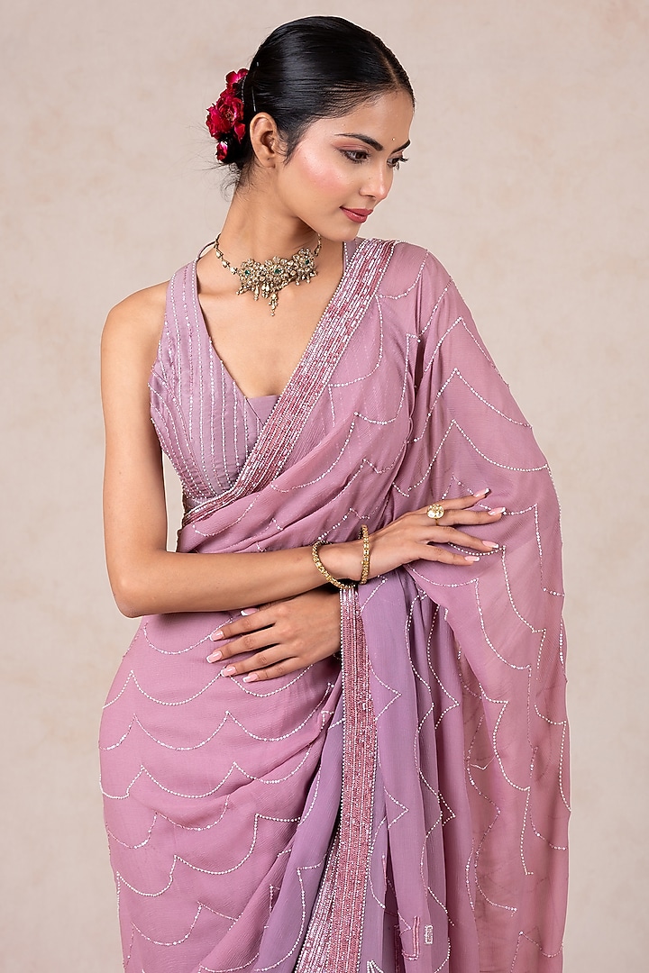 Lavender Ombre Chiffon Sequins & Pearl Embroidered Wedding Saree Set by SWATI UBROI at Pernia's Pop Up Shop