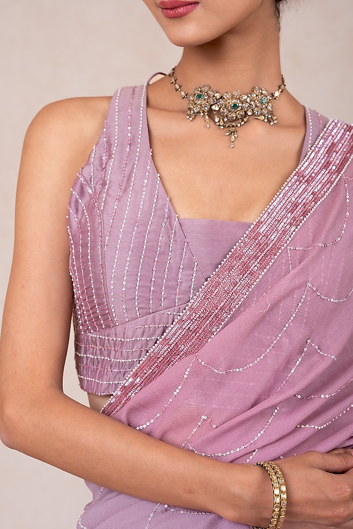 Lavender Ombre Chiffon Sequins & Pearl Embroidered Wedding Saree Set by SWATI UBROI at Pernia's Pop Up Shop
