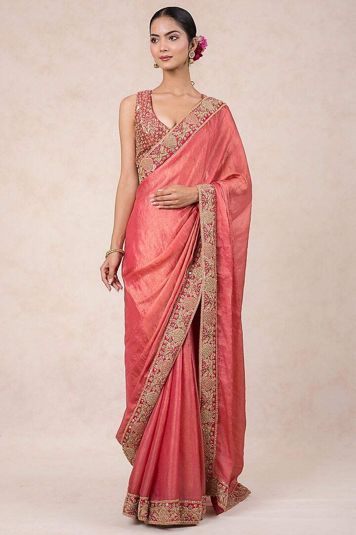 Pink Tissue Georgette Zardosi & Pearl Embroidered Saree Set by SWATI UBROI