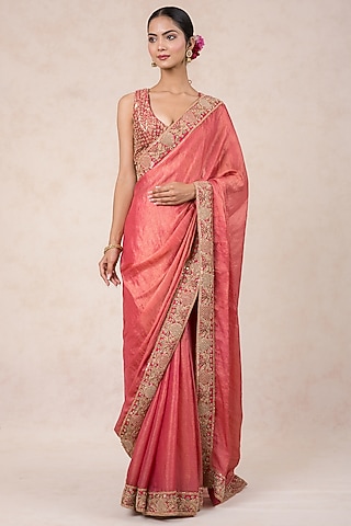 Pink Tissue Georgette Zardosi & Pearl Embroidered Saree Set by SWATI UBROI