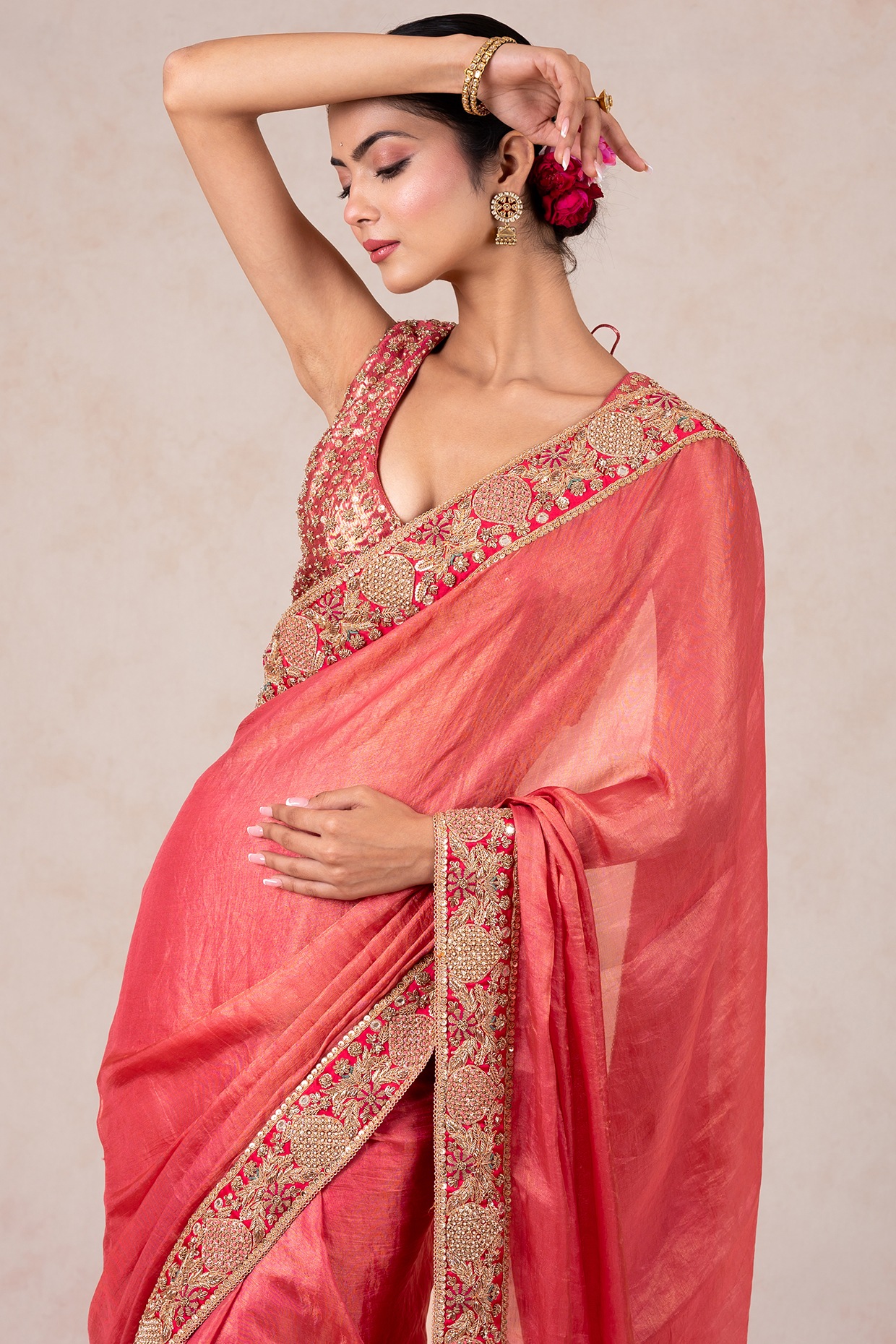 Red Muga Silk Zardosi Worked Saree