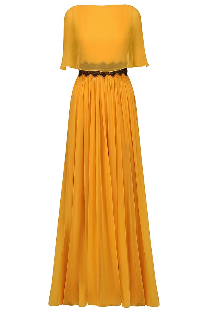 Mustard overlay cape gown available only at Pernia's Pop Up Shop. 2023