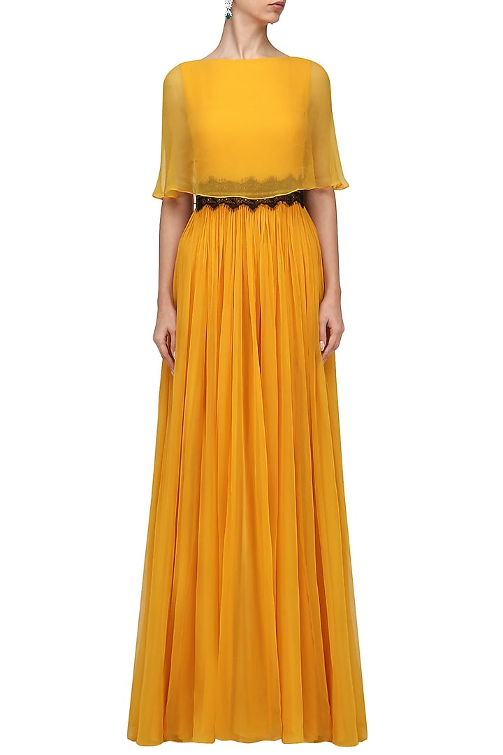 Mustard overlay cape gown available only at Pernia's Pop Up Shop.