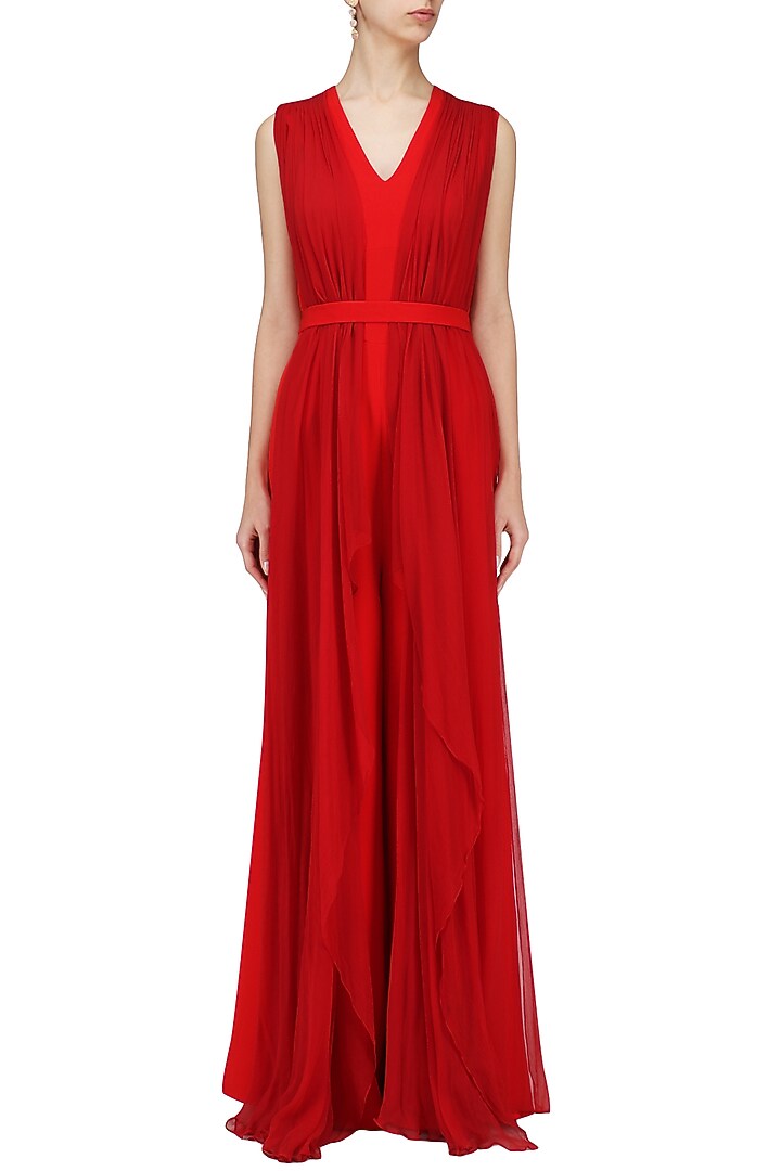 Crimson jumpsuit with cape sleeves available only at Pernia's Pop Up Shop.
