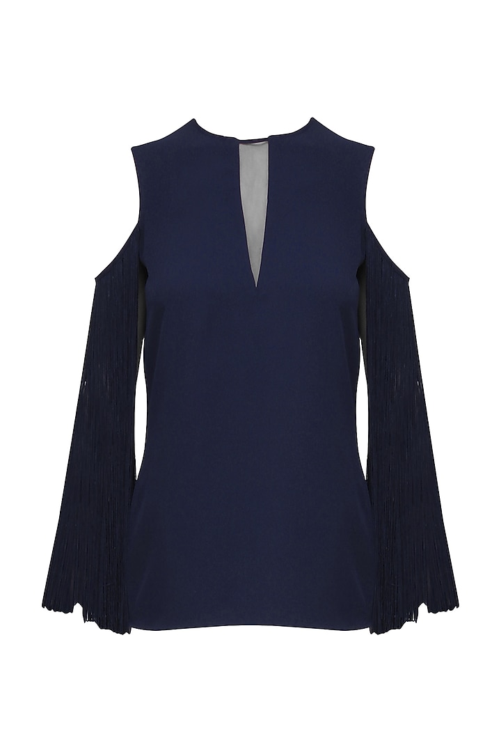 Navy Cold Shoulder Fringes Top by Swatee Singh