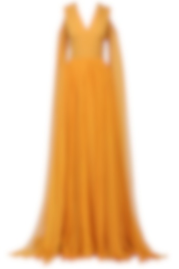 Mustard Cold Shoulder Drape Gown by Swatee Singh