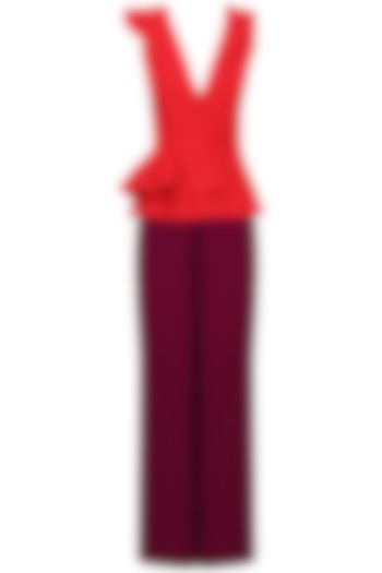 Crimson and maroon peplum jumpsuit available only at Pernia's Pop Up Shop.