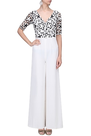 Black and White Floral Jumpsuit by Swatee Singh