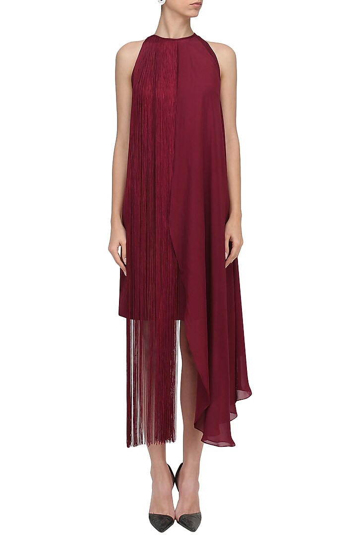 Maroon fringe halter neck dress available only at Pernia's Pop Up Shop.