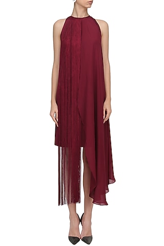 Maroon Fringe Halter Neck Dress by Swatee Singh